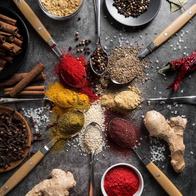 Top view spoons and bowls with spices