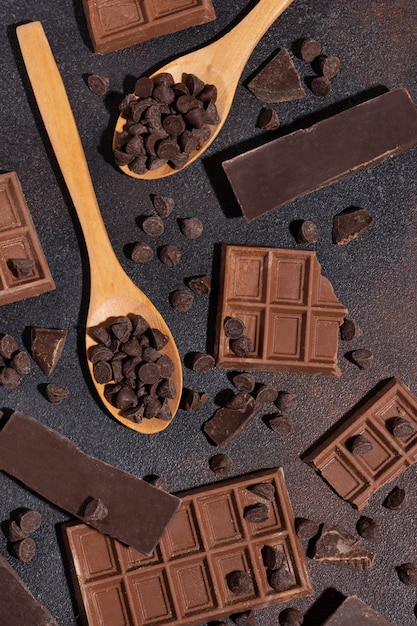 Top view spoons with chocolate chips arrangement