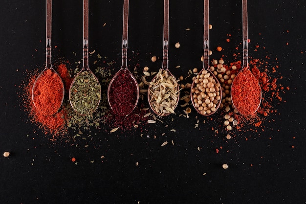 Free photo top view spoons with various pepper spices on black surface