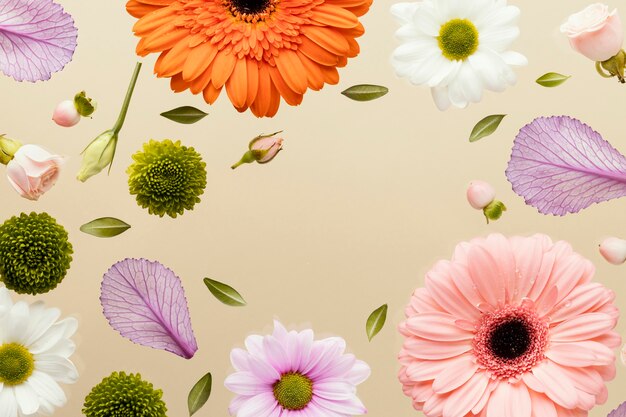 Top view of spring gerbera flowers with daisies and leaves