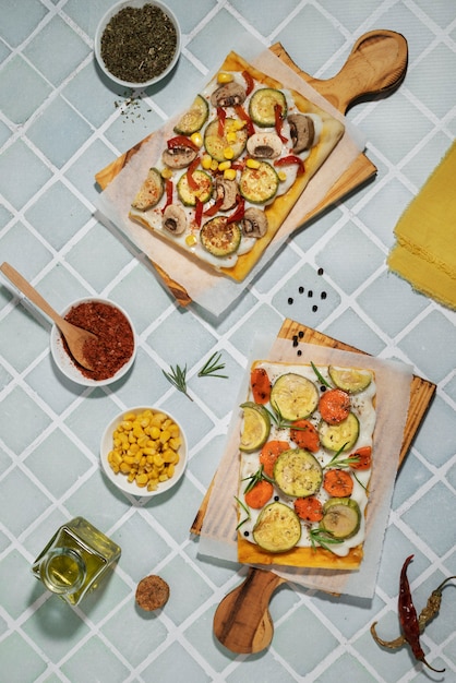 Top view square pizza with vegetables