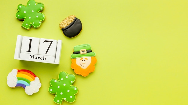 Top view st patrick cookies frame with copy-space