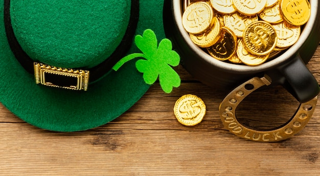 Top view st patrick items on wooden table