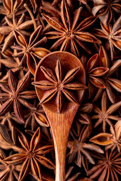 Top view of star anise spice and spoon