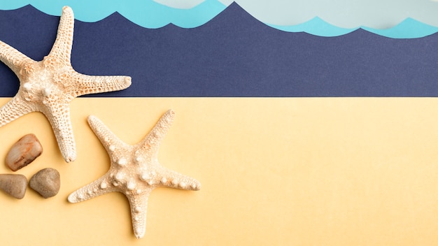 Top view of starfish and rocks with paper ocean