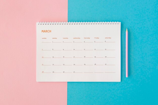 Top view stationery calendar