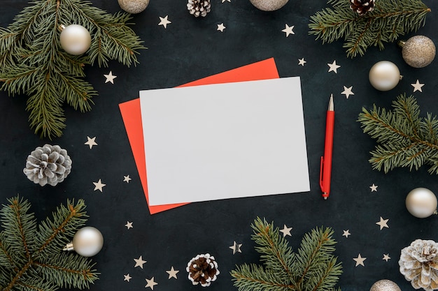 Top view stationery empty papers and red pen