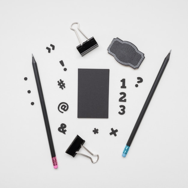 Top view stationery items and business card