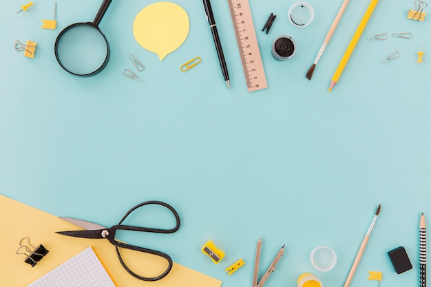 Top view stationery objects on the table