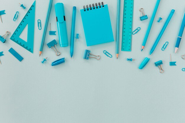 Top view stationery office supplies with copy space