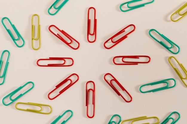 Top view stationery paper clips on the table