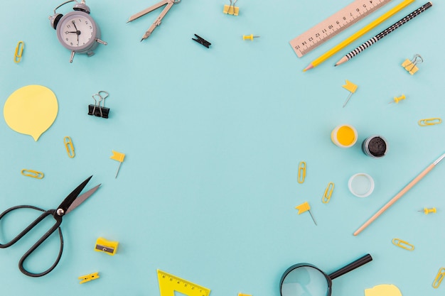 Top view stationery supplies on the table