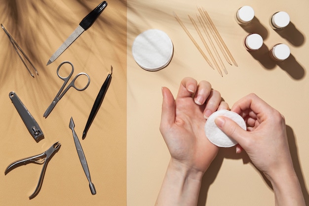 Top view still life arrangement of nail care products