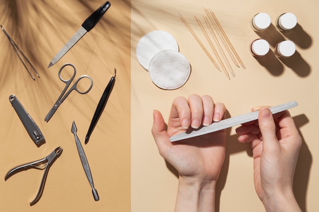 Top view still life arrangement of nail care products