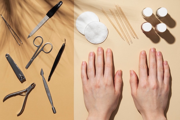 Top view still life arrangement of nail care products