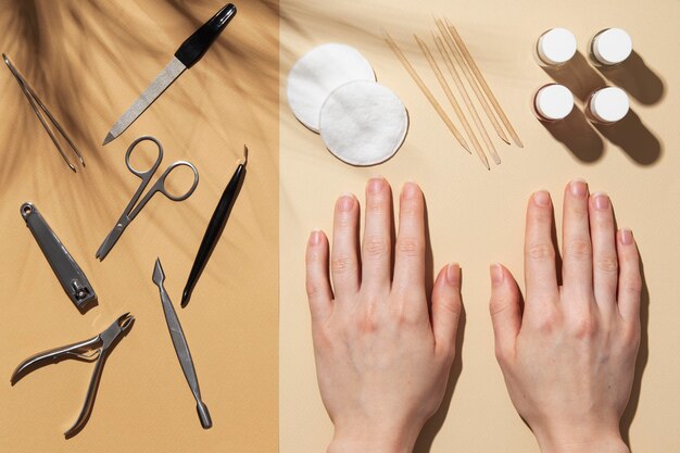 Top view still life arrangement of nail care products