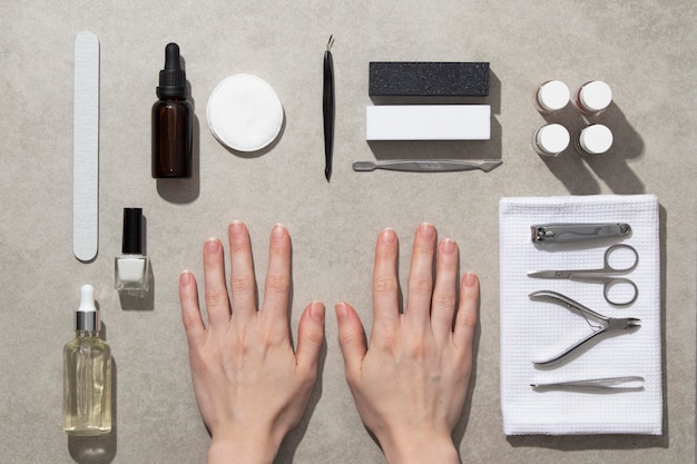 Top view still life composition of nail care products