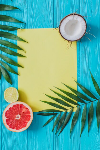 Top view of summer composition with space for messages and fruits