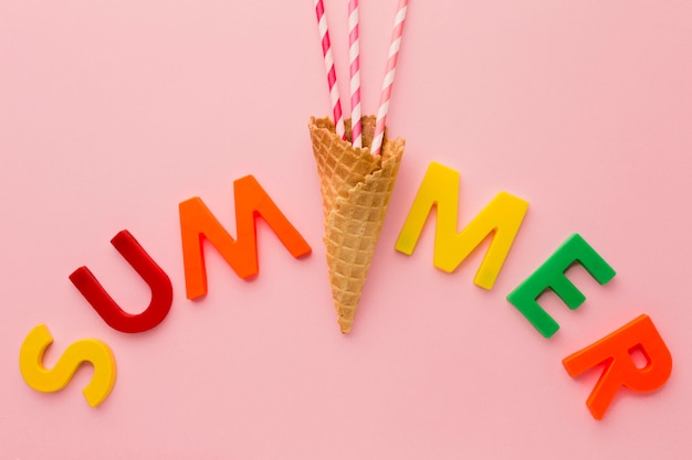 Top view summer lettering with ice cream cone