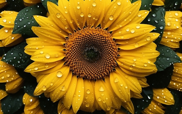 Top view of sunflower with dew drops