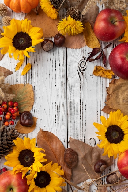 Top view of sunflowers frame with apples