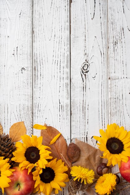 Top view of sunflowers frame with apples