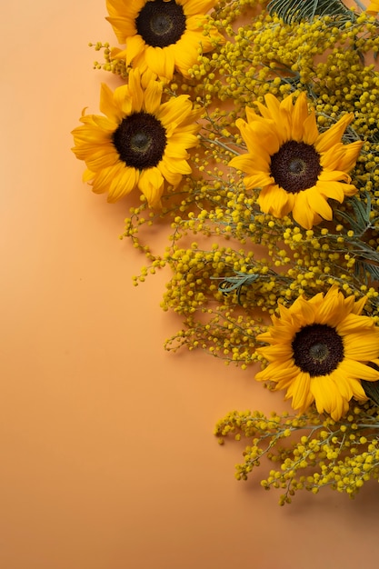 Top view of sunflowers frame with copy space