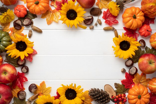 Top view of sunflowers frame with pumpkins
