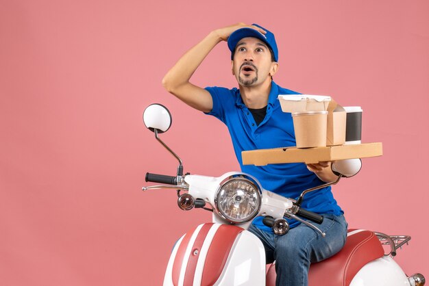 Top view of surprised courier man wearing hat sitting on scooter looking up on pastel peach