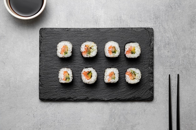 Top view sushi on board arrangement