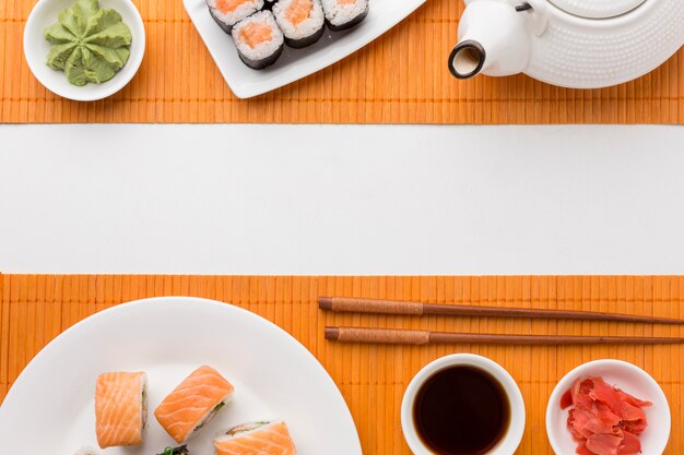 Top view sushi day concept with copy space