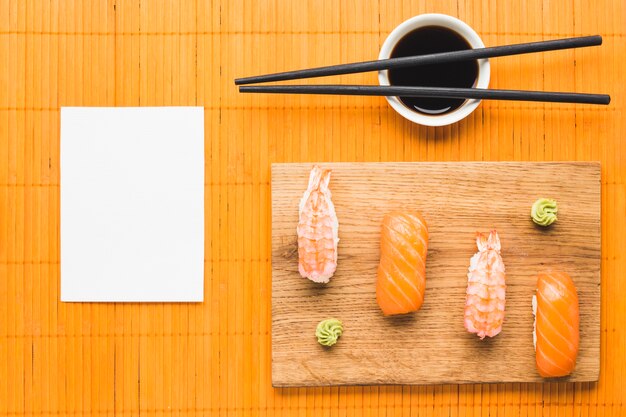 Top view sushi plating on bamboo mat