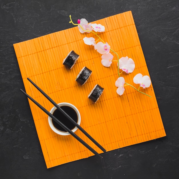 Top view sushi plating on bamboo mat