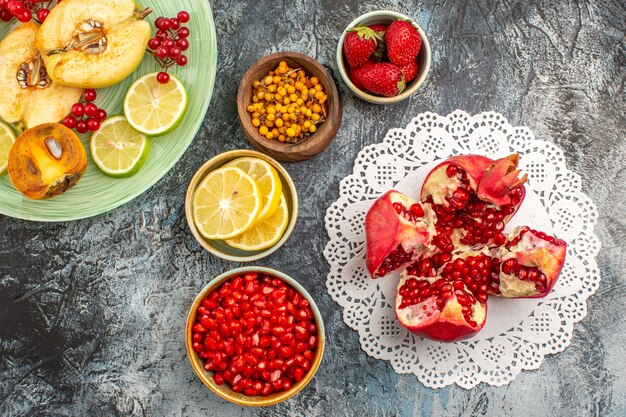 Top view of sweet sliced pomegranates