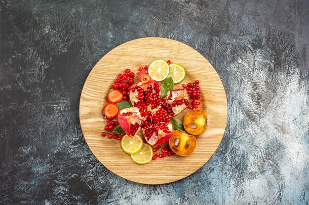 Top view of sweet sliced pomegranates