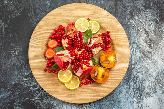 Top view of sweet sliced pomegranates