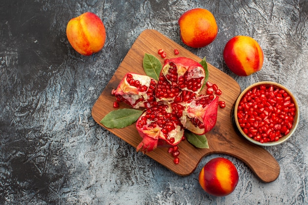 Top view of sweet sliced pomegranates