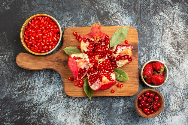 Top view of sweet sliced pomegranates