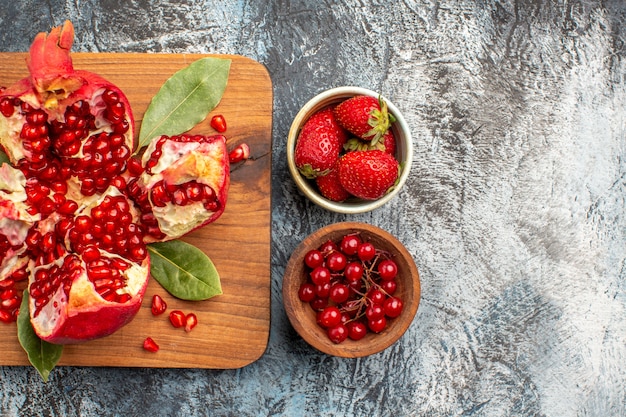 Top view of sweet sliced pomegranates