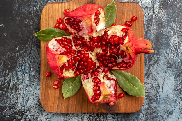 Top view of sweet sliced pomegranates