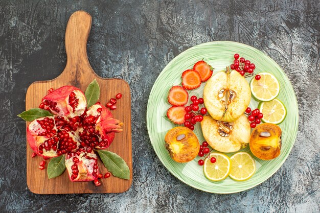 Top view of sweet sliced pomegranates