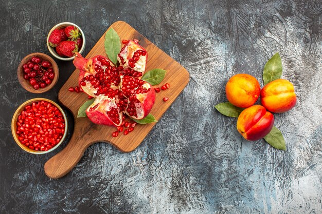 Top view of sweet sliced pomegranates