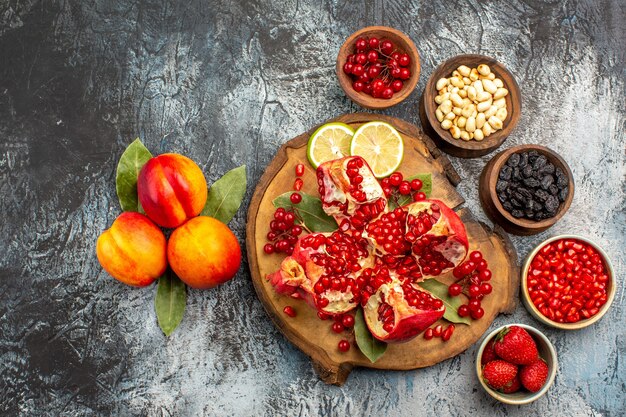 Top view of sweet sliced pomegranates