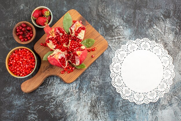 Top view of sweet sliced pomegranates