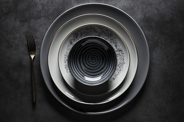 Top view of table arrangement with empty dishes and tableware