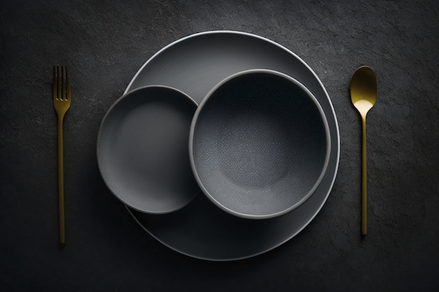 Top view of table arrangement with empty dishes and tableware