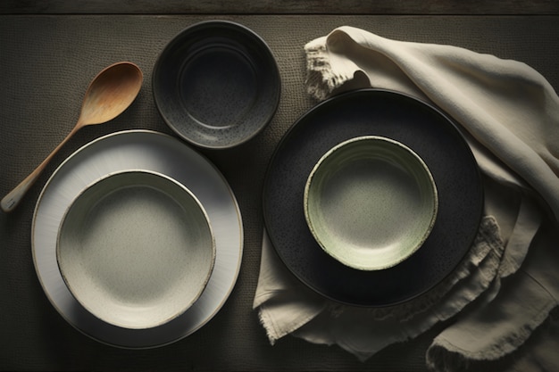 Top view of table arrangement with empty dishes and tableware