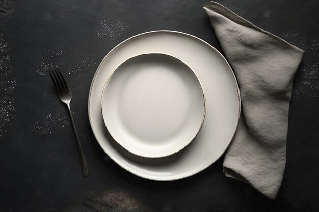 Top view of table arrangement with empty dishes and tableware