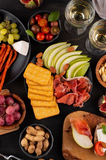 top view table full of delicious food arrangement