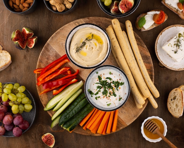 Top view table full of delicious food assortment